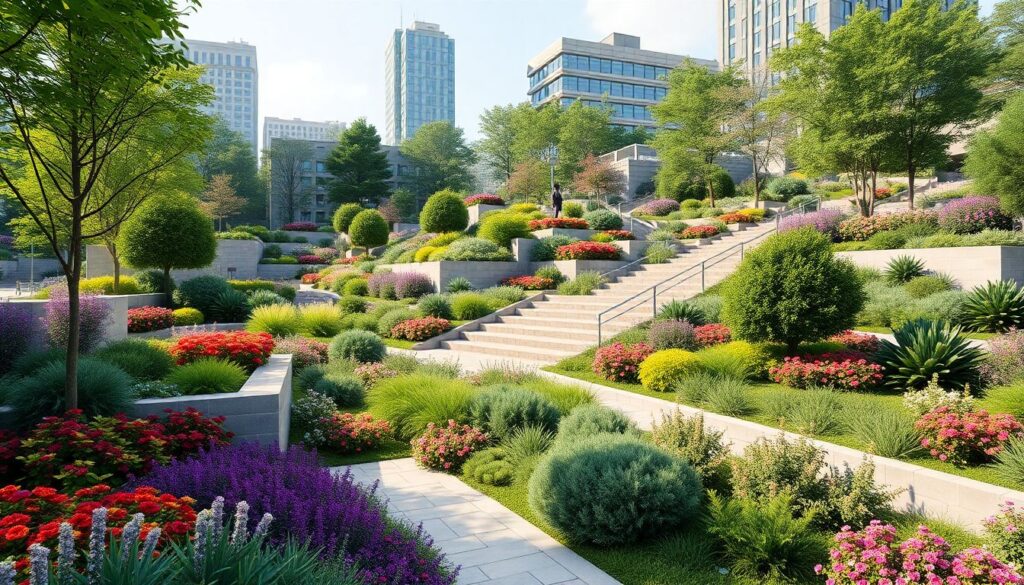 Городские парковые ансамбли на многоуровневых платформах - иллюстрация