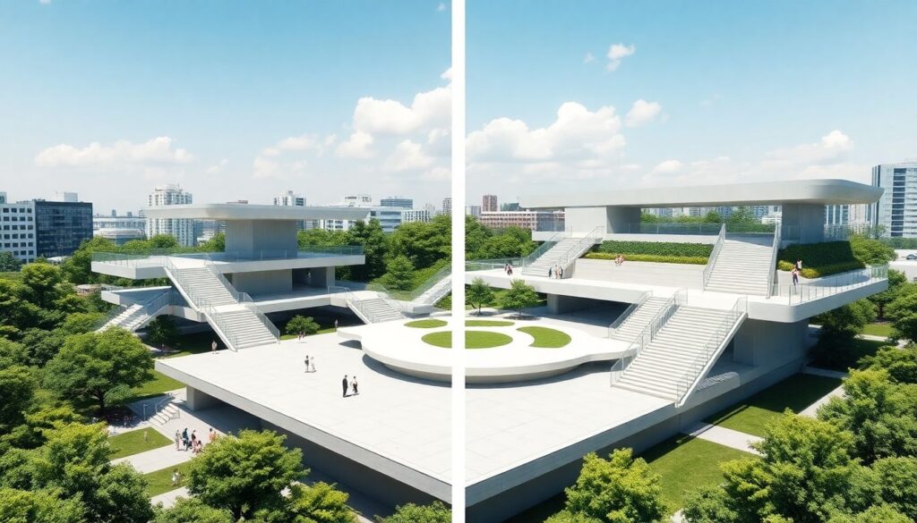 Городские парковые ансамбли на многоуровневых платформах - иллюстрация